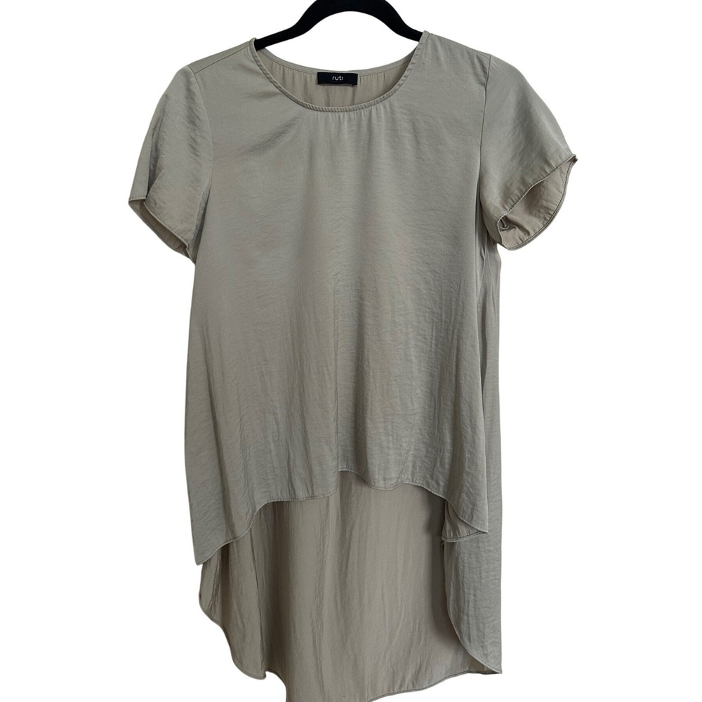 RUTI Light Taupe Sage Green High Low Blouse Satin Finish Top Size XS/S